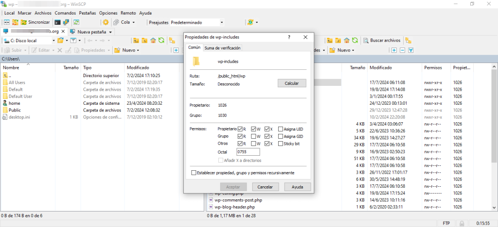 Cambiar Permisos WinSCP