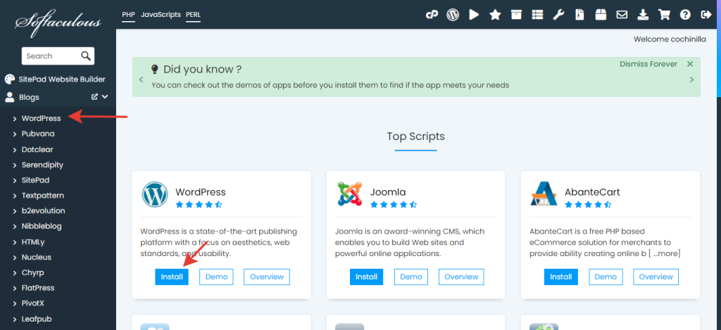 Instalación de WordPress con Softaculous